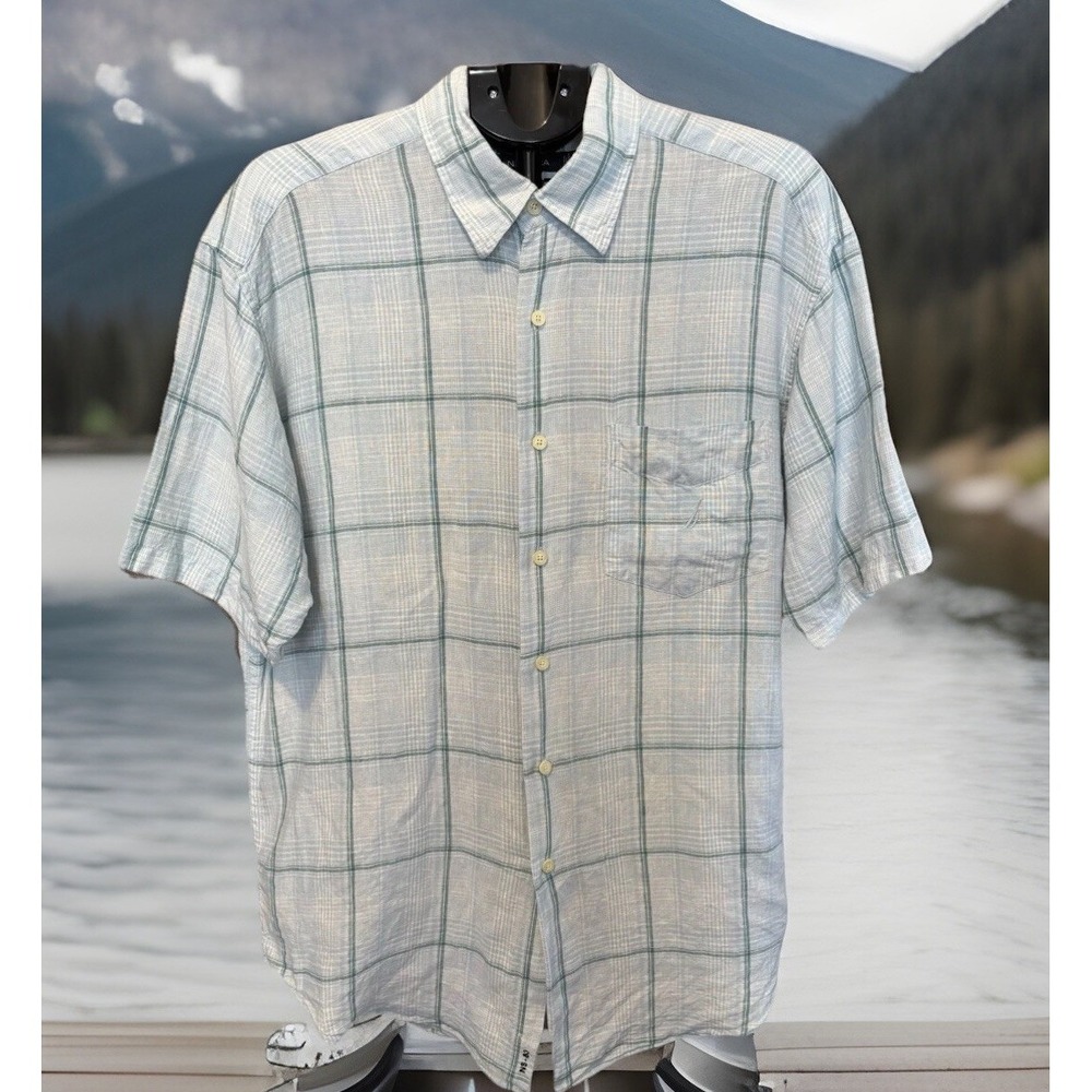 Nautica Mens Size L 100% Linen Blue And Green Plaid Button Up Shirt Preppy Light